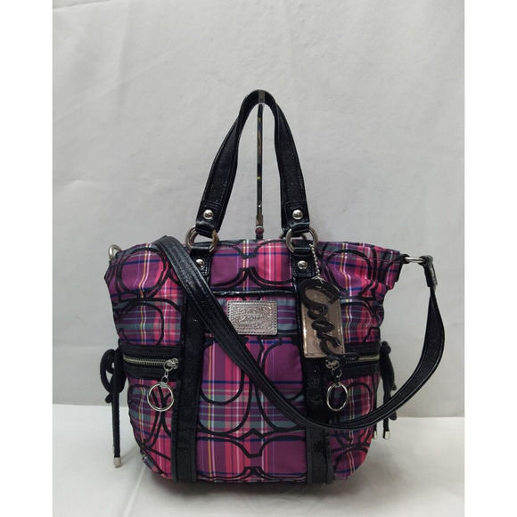 Coach Poppy Purple Canvas Leather Trim Zipper Pocket Satchel Shoulder Bag
